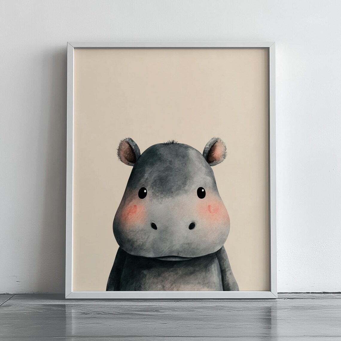 Cute Baby Hippopotamus Watercolor Portrait Rosy Cheeks Nursery Art Poster