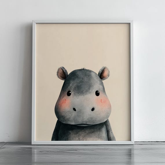 Cute Baby Hippopotamus Portrait Childrens Room Adorable Nursery Wall Art Animal Illustration Kids Decor Print 222