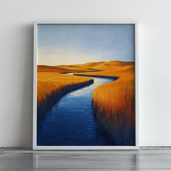 Golden Wheat Fields and Blue River Contrast Landscape Art Poster