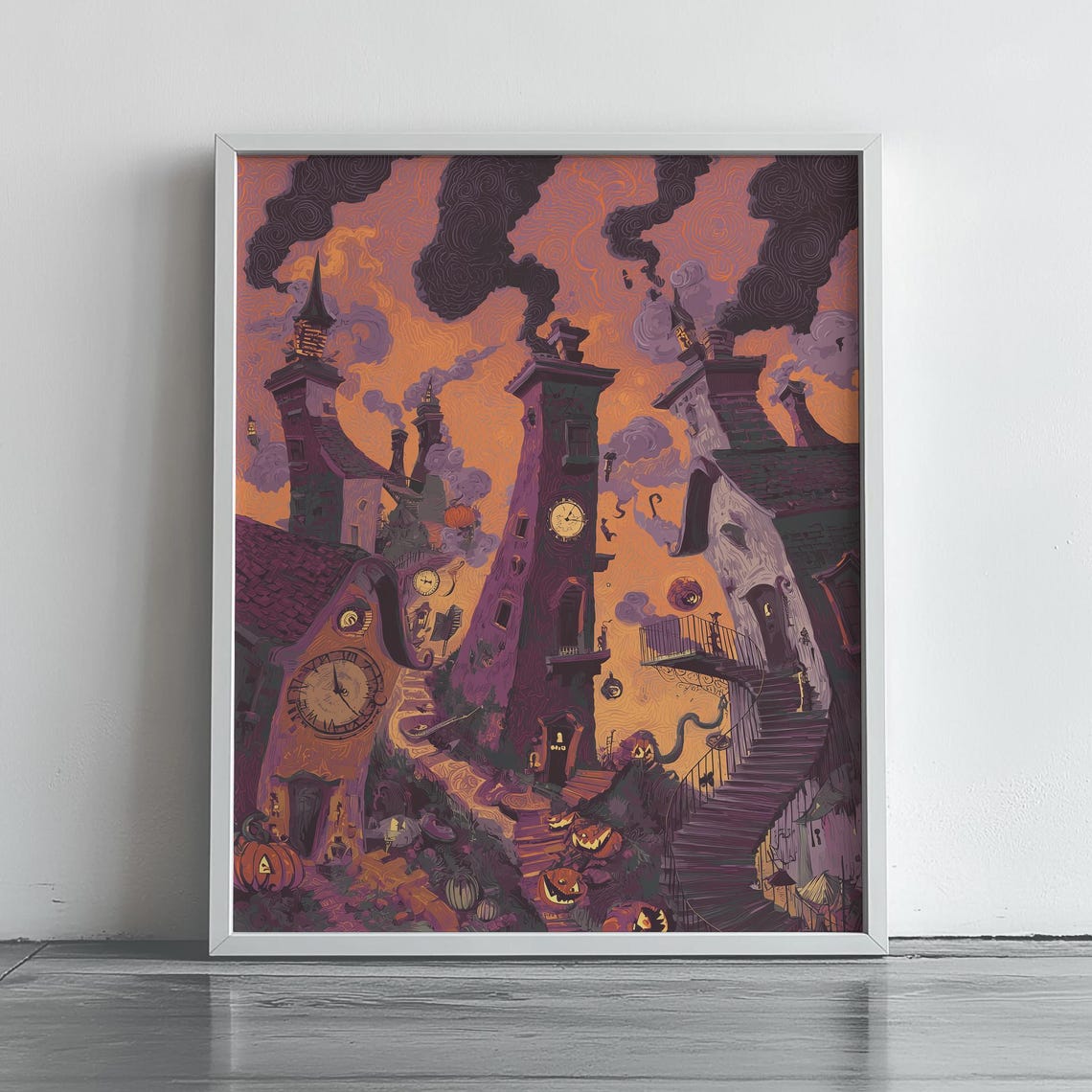 Haunted Halloween Village With Clock Towers and Orange Sky Art Poster