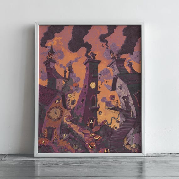 Spooky Halloween Village Scene Vintage Salvador Inspired Art Moody Decor Fall Wall Surreal Landscape 75