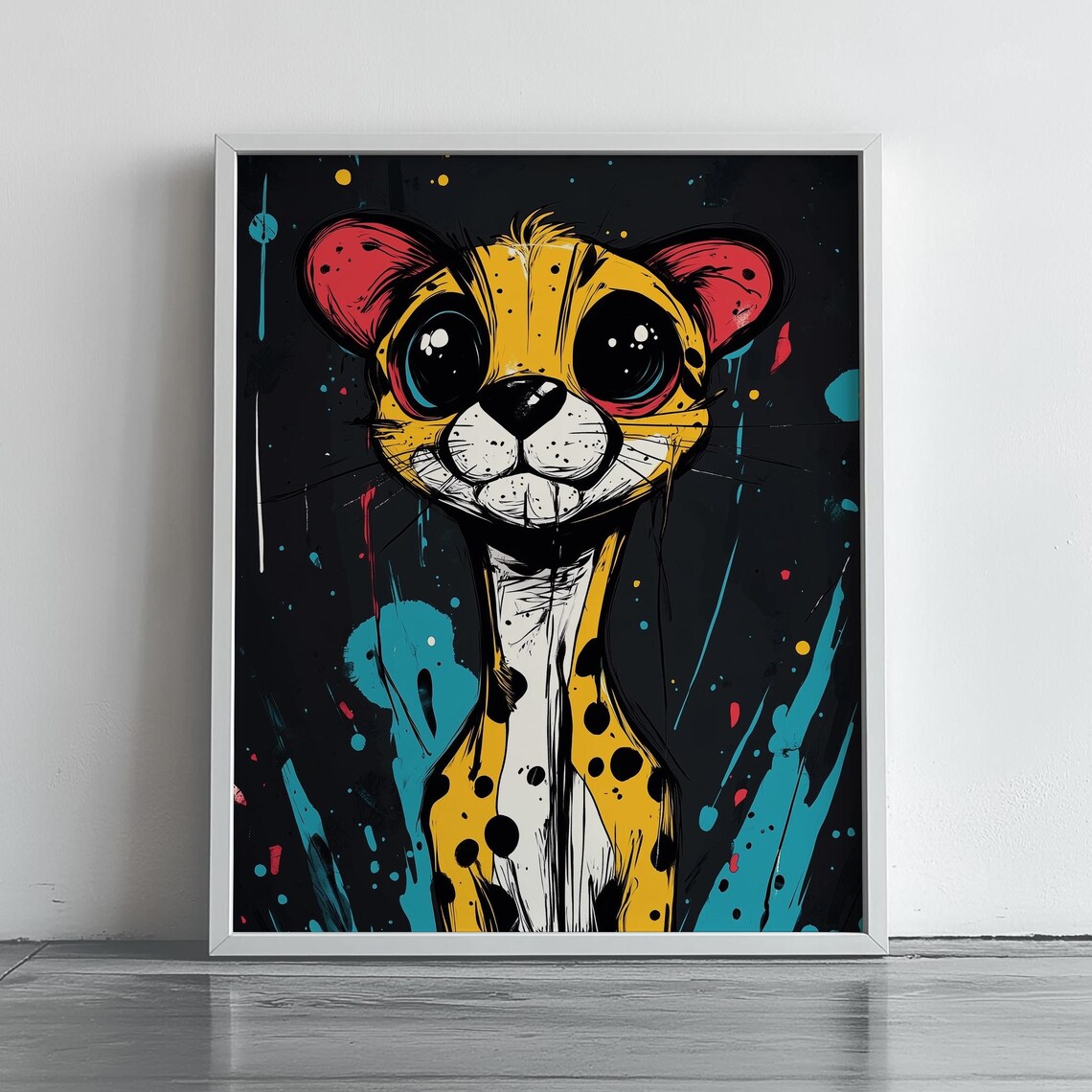 Wide Eyed Cartoon Cheetah on Black Graffiti Funny Animal Poster