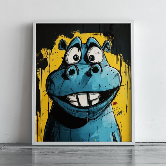 Funny Blue Hippo Cartoon Print Buck Teeth Street Art Bold Yellow Decor
