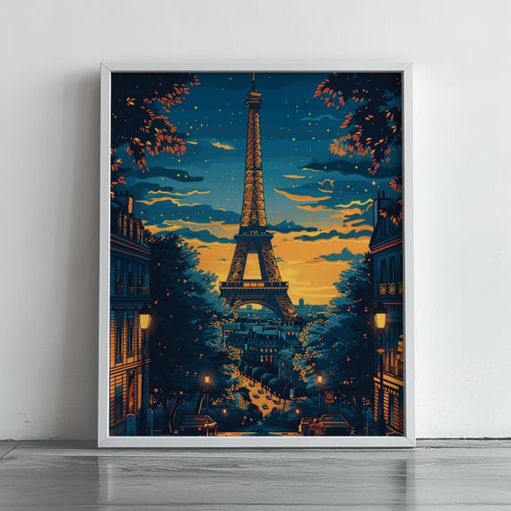 Vintage Paris Night Skyline Poster Eiffel Tower Illustration Cityscape Art Romantic Wall Decor 200