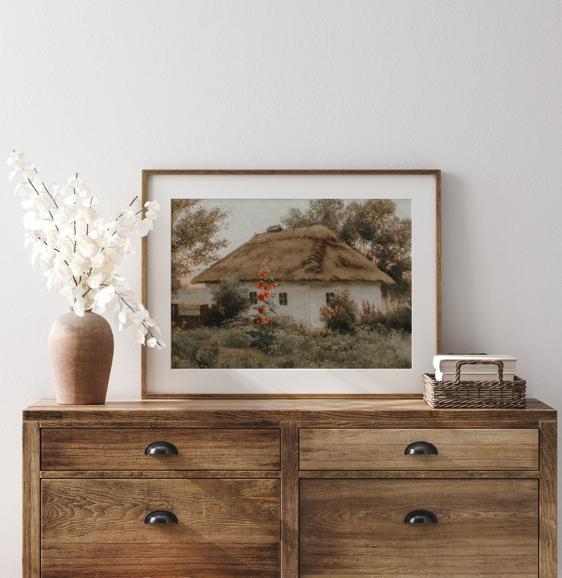 White Thatched Cottage Hollyhock Garden Rustic Country Art Poster - Image 2