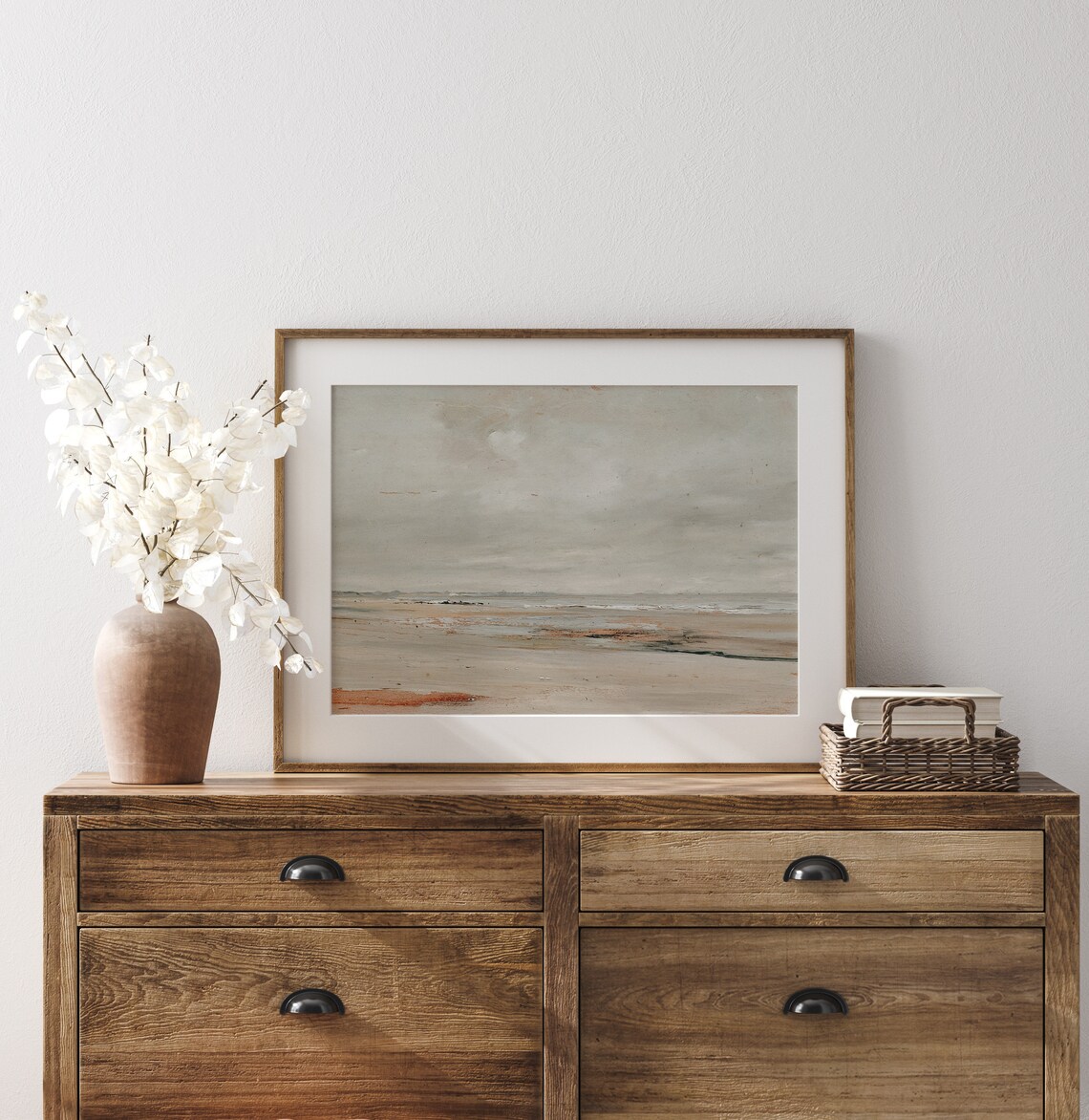Cloudy Minimalist Beach Gray Sky Neutral Coastal Seascape Painting Poster - Image 2