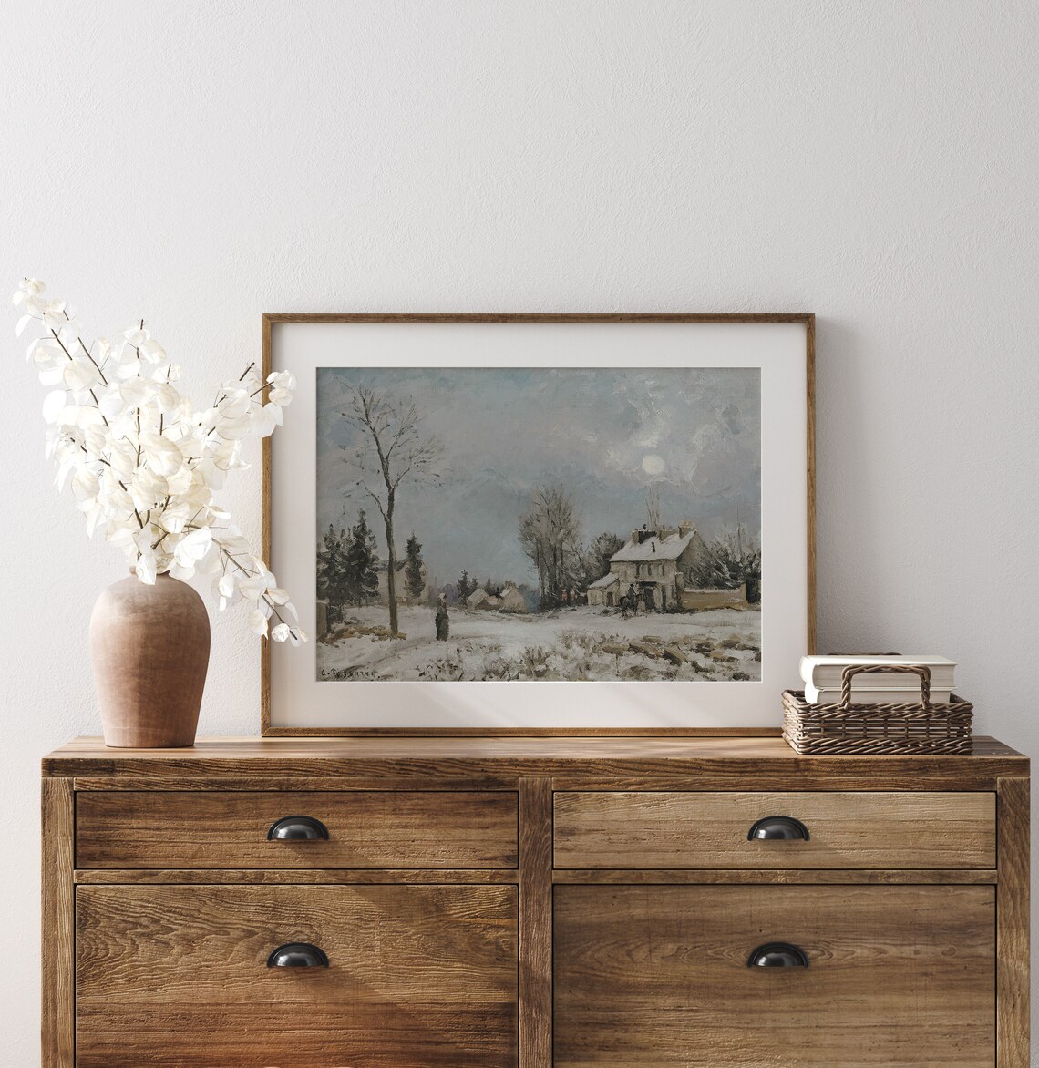 Snowy Village Full Moon Winter Night Cottages Vintage Art Print - Image 3