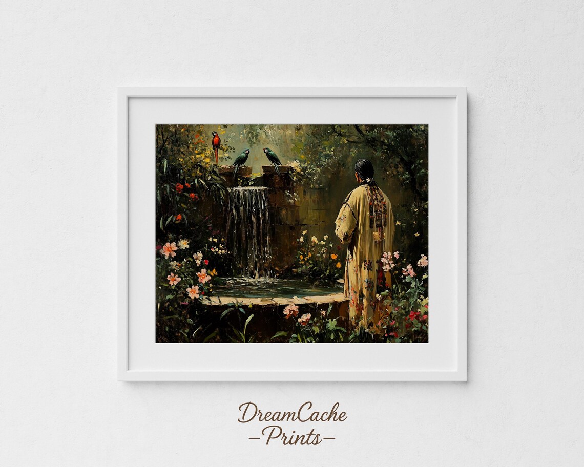 Aztec Noble Garden Fountain Oil Painting Vintage Cultural Wall Poster