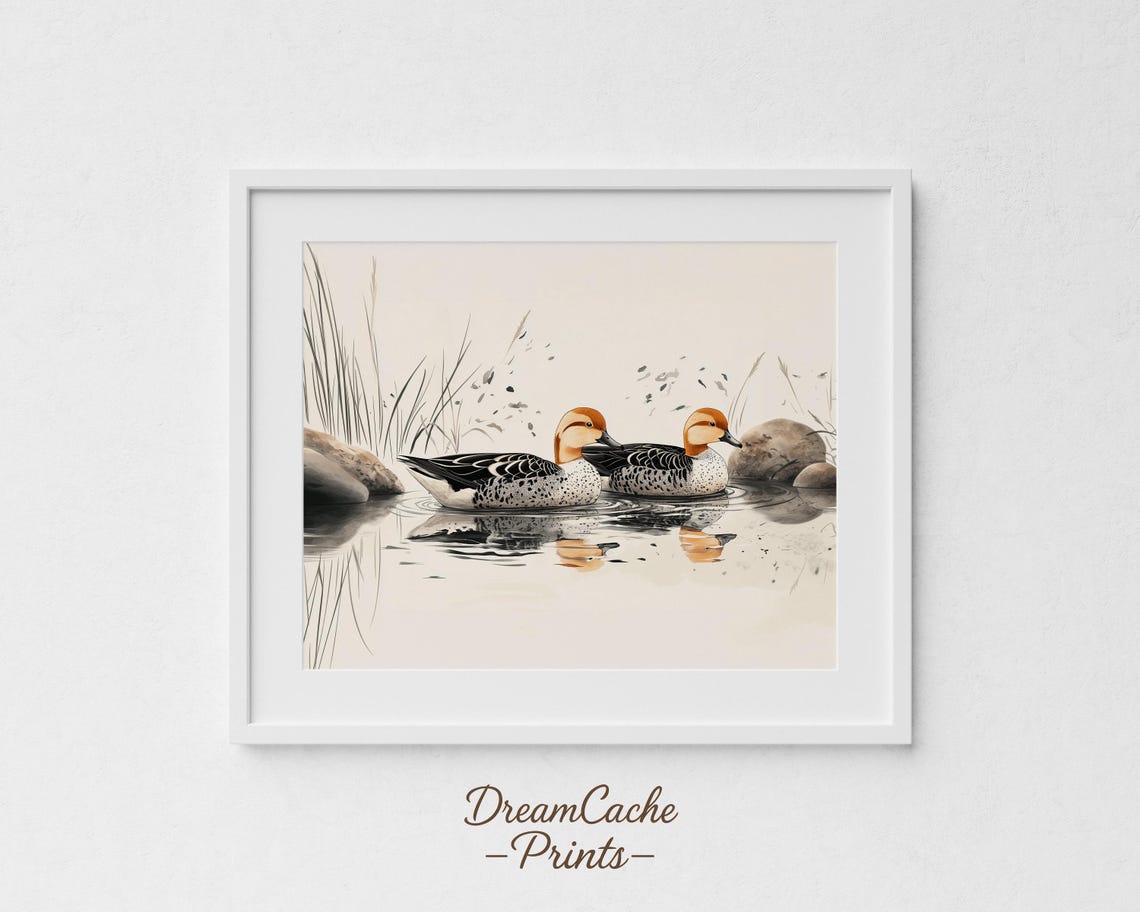 Eurasian Wigeons Pair Swimming Watercolor Duck Bird Art Poster
