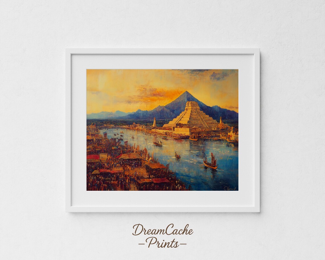 Tenochtitlan Waterfront Market At Golden Hour Oil Painting Poster