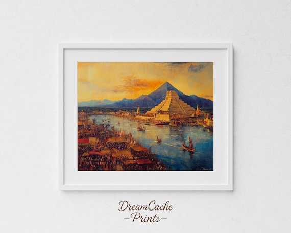 Tenochtitlan Waterfront Market At Golden Hour Oil Painting Poster