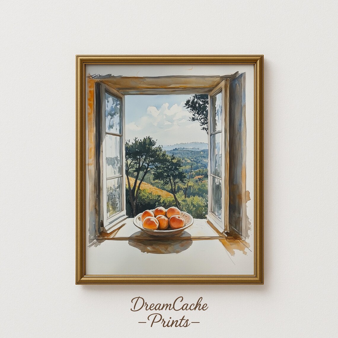 Summer Window View With Peaches Over Countryside Hills Poster