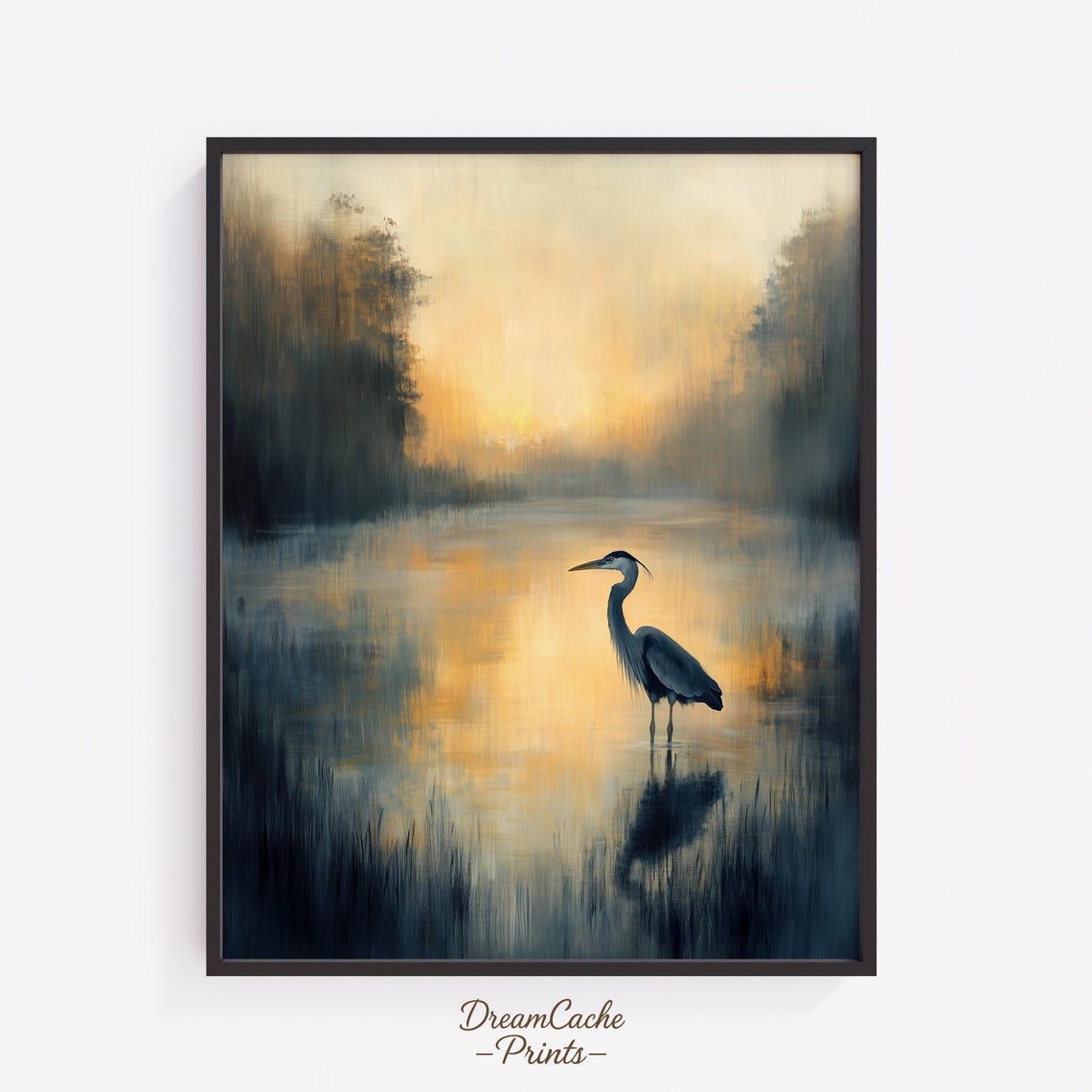 Blue Heron at Sunrise Misty Golden Pond Painterly Wildlife Poster
