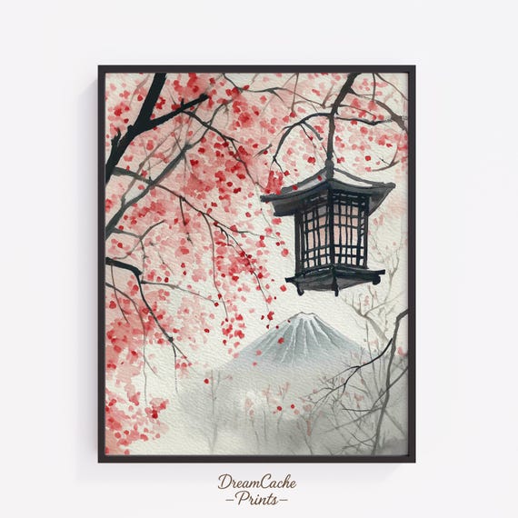 Wabi Sabi Wall Art Japandi Mount Fuji Print With Hanging Lantern And Cherry Blossoms Boho Minimalist Zen Decor 177