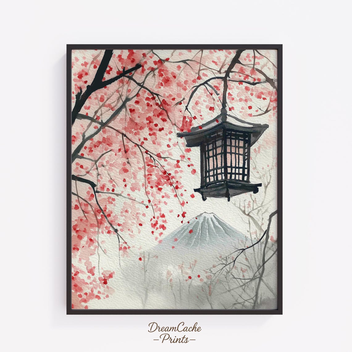 Mount Fuji Cherry Blossom Hanging Lantern Watercolor Japan Poster