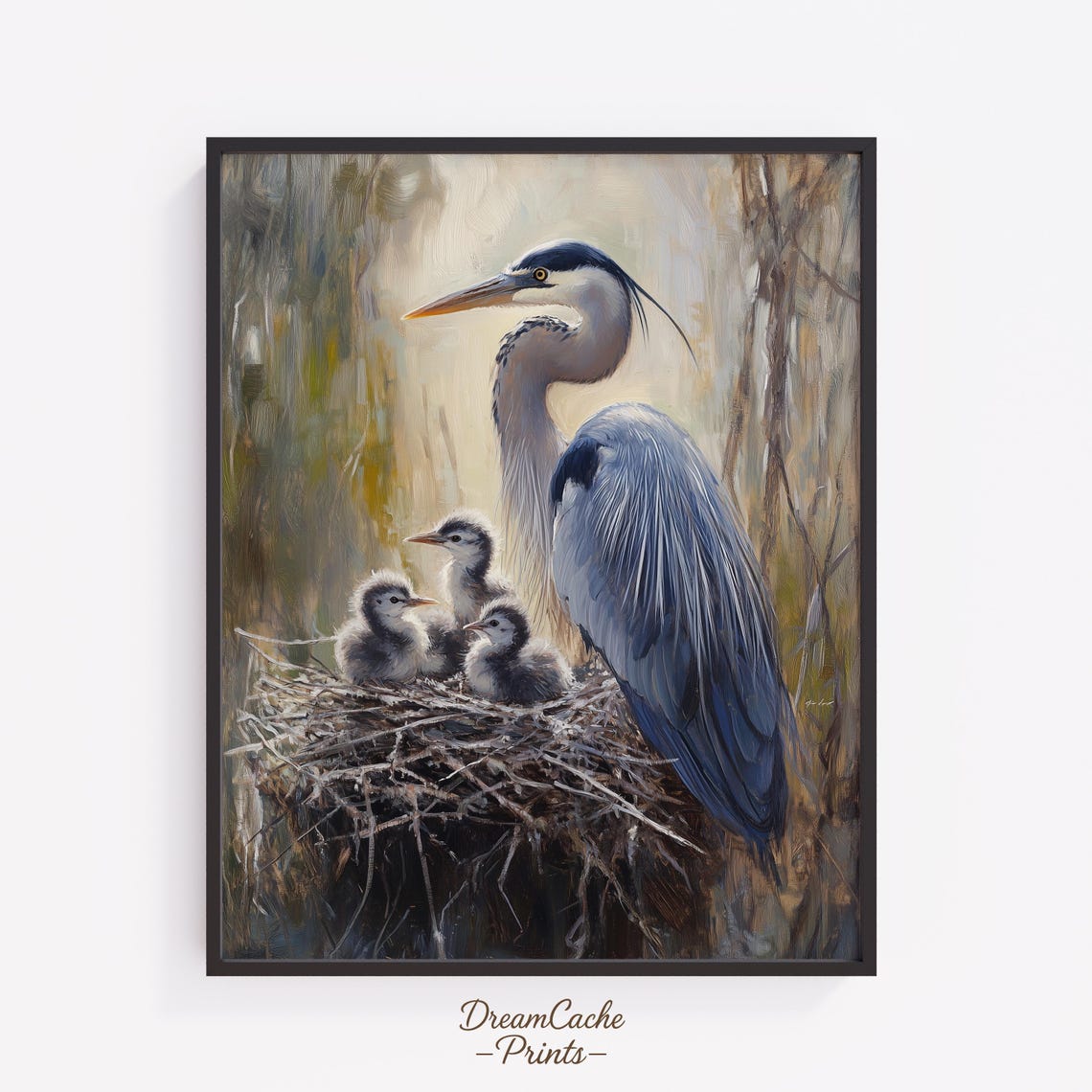 Great Blue Heron Nesting With Chicks In Warm Tones Oil Painting Poster