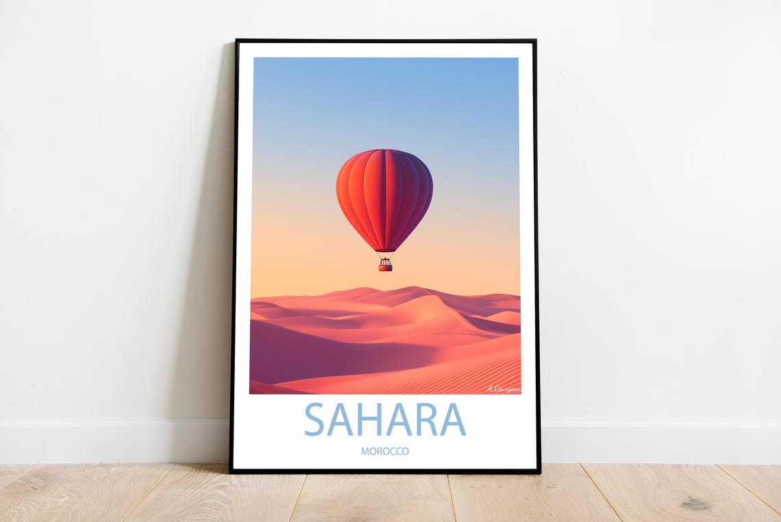 Sahara Morocco Red Hot Air Balloon Desert Dunes Sunset Poster