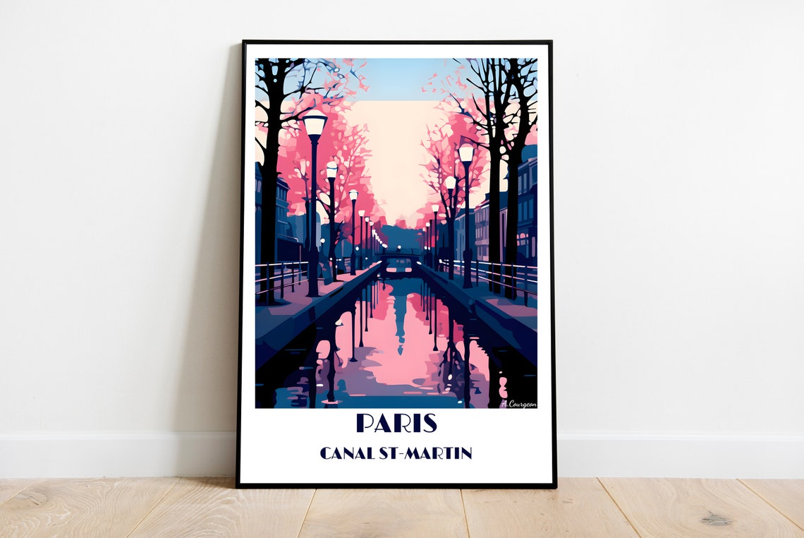 Paris Canal Saint-Martin Dusk Lamp Posts Scenic Travel Poster