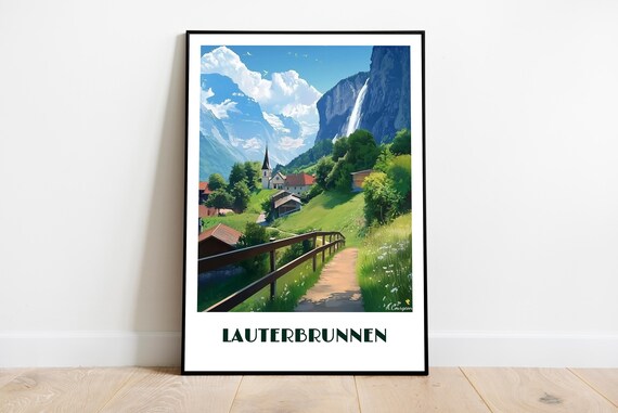 Lauterbrunnen Switzerland Handmade Poster Wall Art Modern Travel Framed Interlaken Home Decor Gift Illustration Print Painting