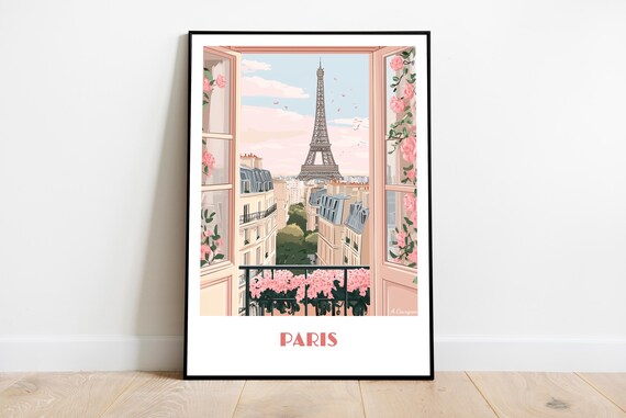 Paris Eiffel Tower Balcony View with Pink Flowers Travel Poster