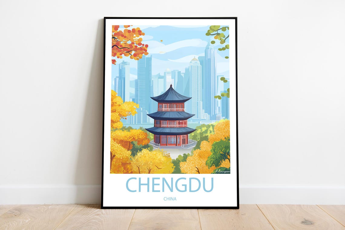 Chengdu China Pagoda Autumn Trees City Skyline Travel Poster