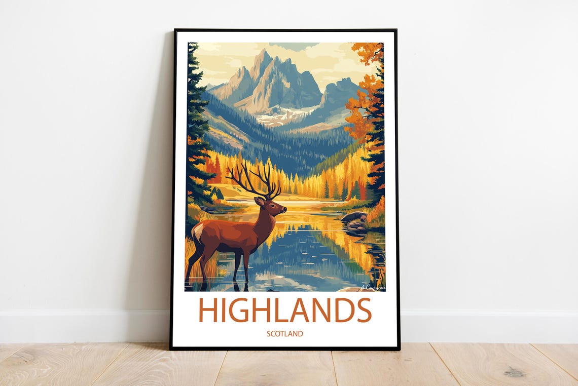Scottish Highlands Red Deer Mountain Lake Scenic Autumn Poster
