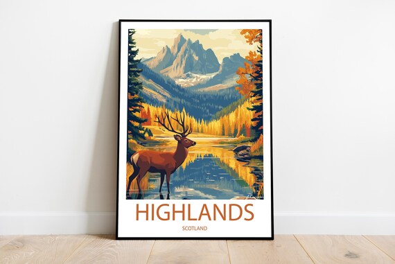 Scottish Highlands Red Deer Mountain Lake Scenic Autumn Poster