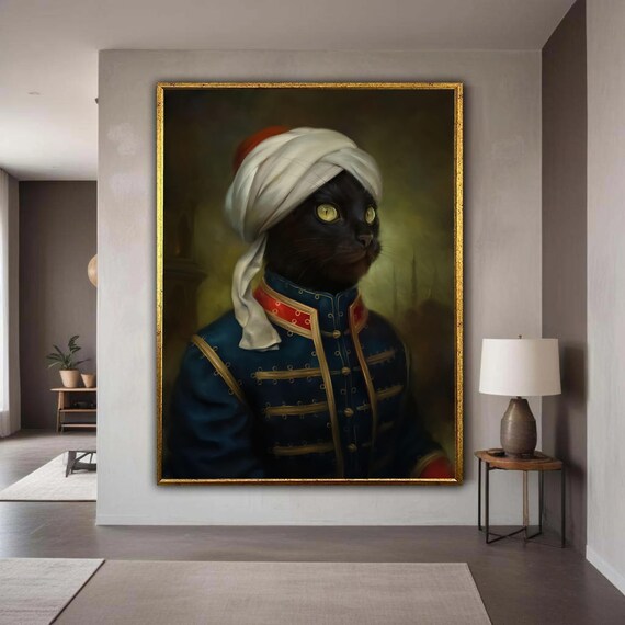 Regal Black Cat White Turban Ottoman Military Portrait Art Poster