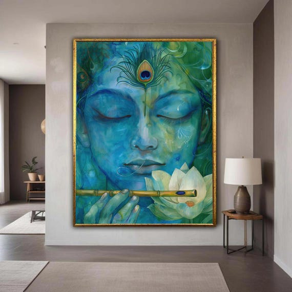 Krishna Canvas Art Janmashtami Flute Peacock Print Watercolor Effect Hindu God Serene Meditation Spiritual Blue Green Decor