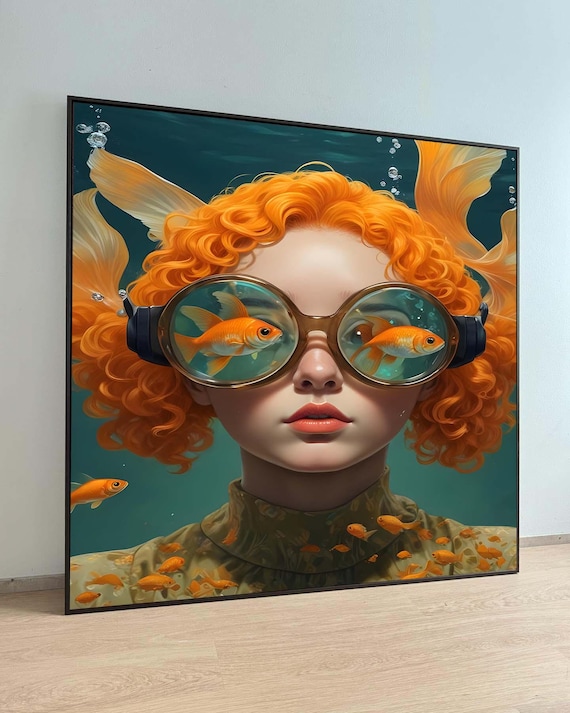 Underwater Girl Goldfish Goggles Surreal Orange Hair Art Poster