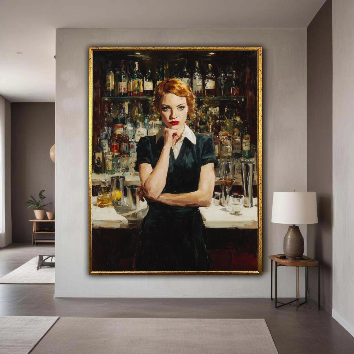 Vintage Bar Woman Bartender Retro Cocktail Portrait Art Poster