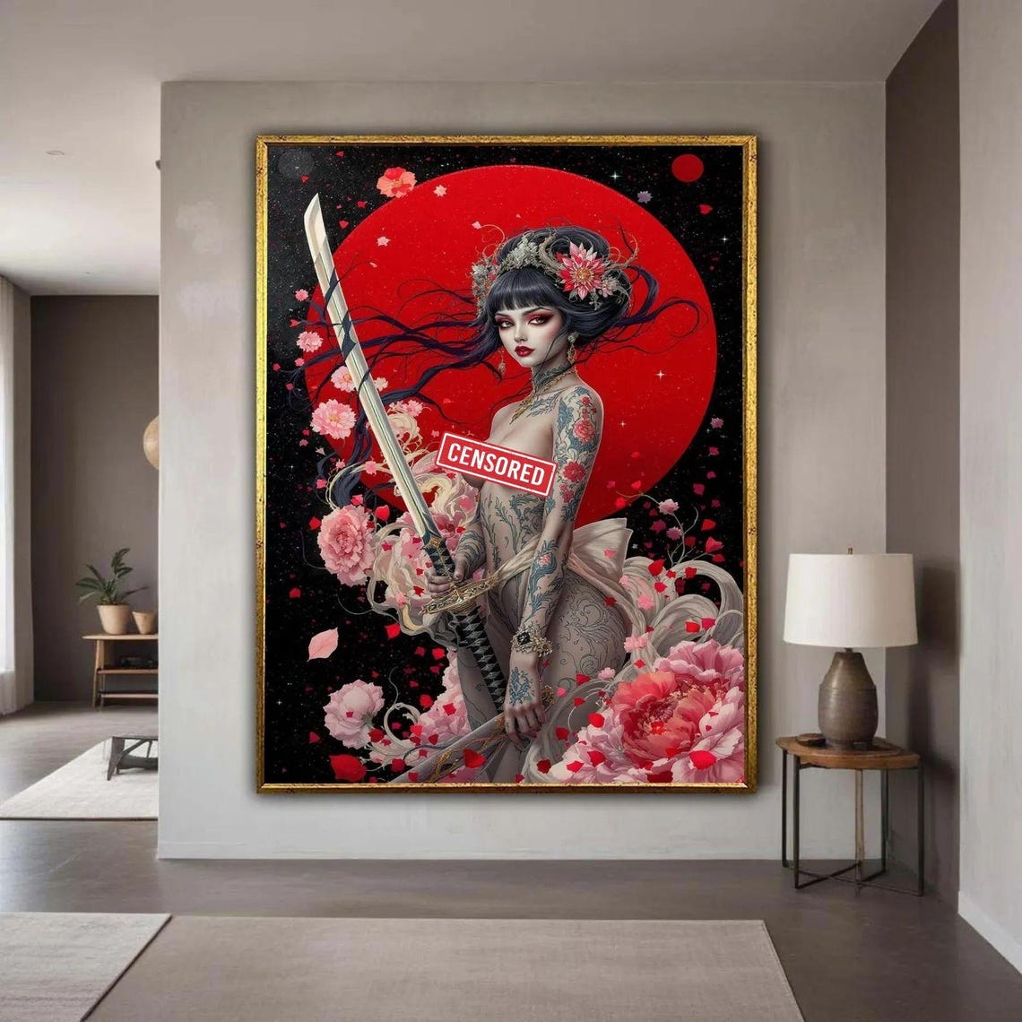 Tattooed Samurai Woman Katana Red Sun Japanese Fantasy Wall Art