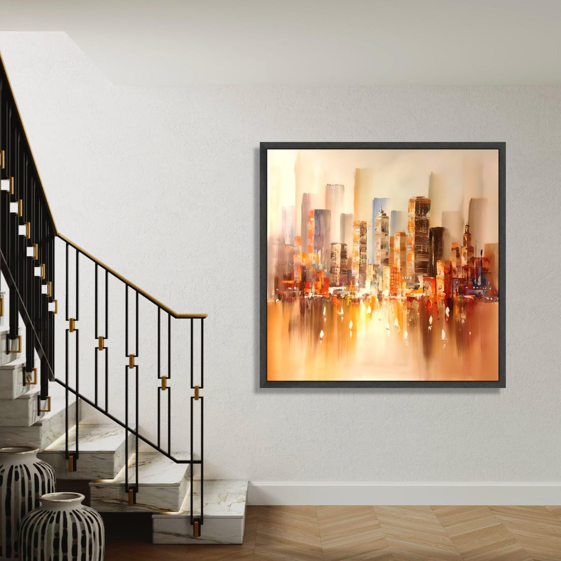 Abstract Golden City Skyline Amber Orange Modern Art Painting Poster