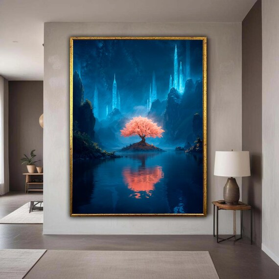 Magical Pink Blossom Tree Of Life Canvas Fantasy Landscape Art Print Mystical Glowing Crystal Mountains Serene Night Sky Reflection