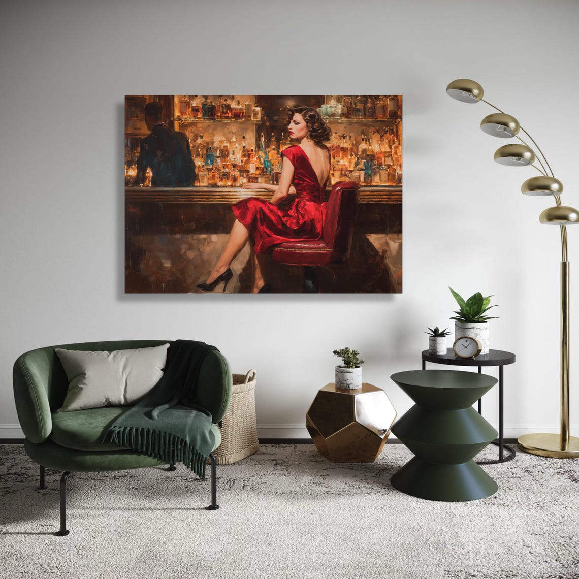 Elegant Woman In Red Dress At Bar Vintage Glamour Canvas Wall Art Classic Nightlife Scene Retro Fashion Painting Gift Home Decor