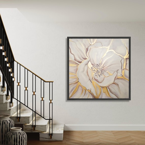 White Flower Closeup Gold Accent Petals Abstract Floral Painting Poster