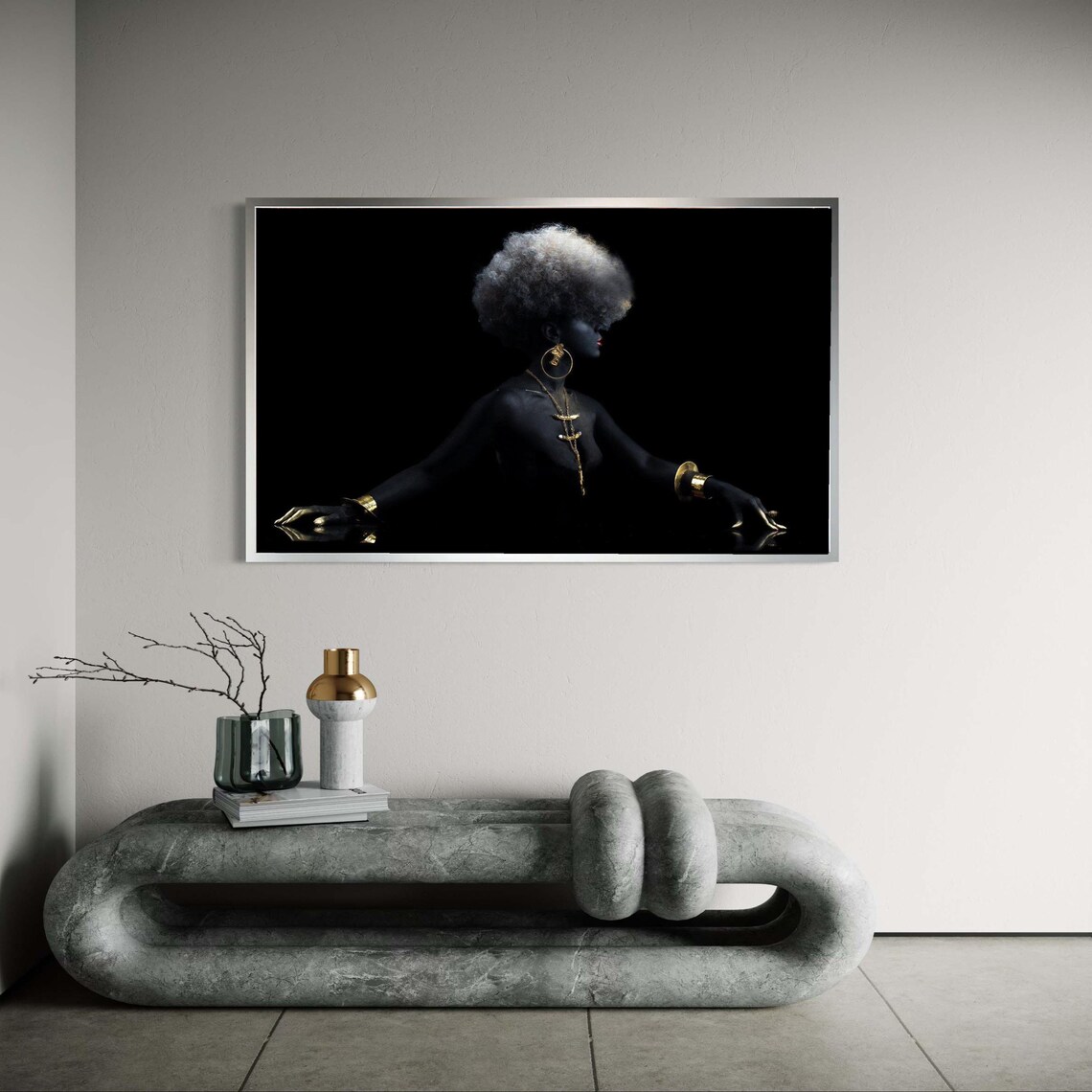 Afro Woman Silhouette Portrait Gold Jewelry Regal Black Wall Art