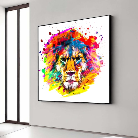 Vibrant Lion Canvas Wall Art Colorful Wildlife Painting Abstract Animal Portrait Modern Home Decoration Ready Gift Decor
