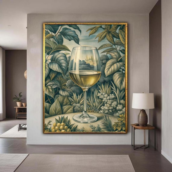 White Wine Glass Botanical Still Life Lush Green Leaves Elegant Art Poster