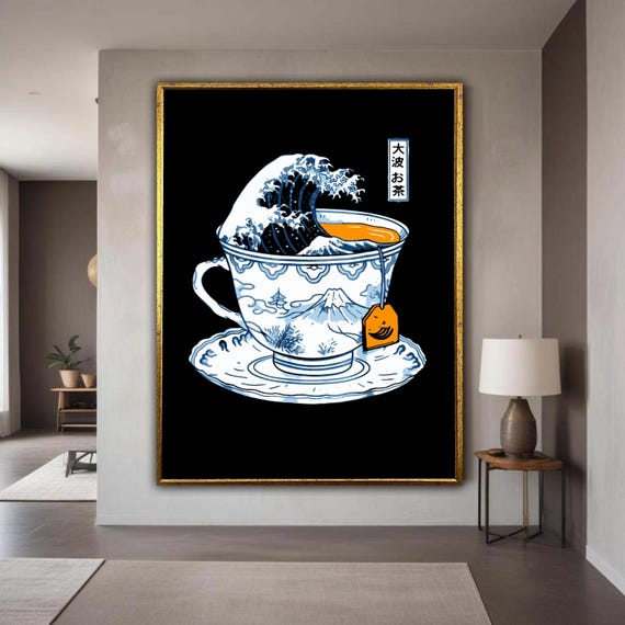 Japanese Wave Tea Cup Modern Asian Canvas Art Surreal Illustration Decorative Wall Unique Home Decor Gift