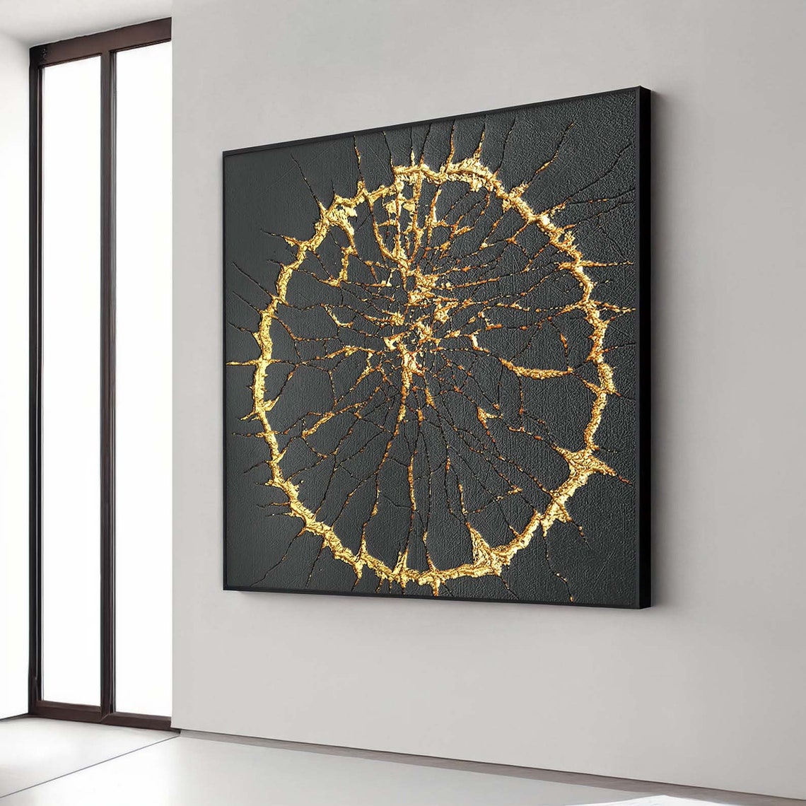 Modern Golden Cracked Circle On Black Textured Abstract Art Poster