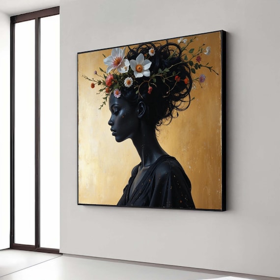 Black Silhouette Woman Floral Hair Gold Background Elegant Art Poster