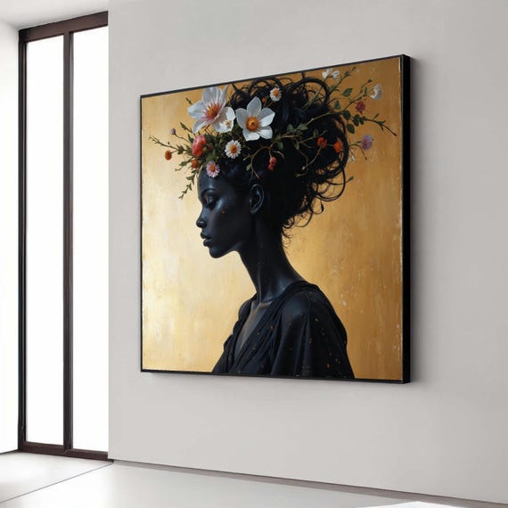 Elegant Woman Silhouette With Floral Crown Canvas Modern Portrait Wall Art Black And Gold Home Decor Botanical Gift