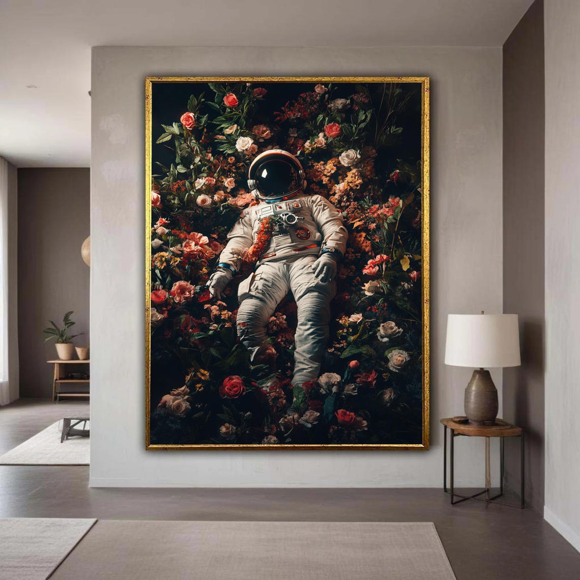 Surreal Astronaut In Bloom Space And Flowers Canvas Wall Art Cosmic Flora Decoration Modern Abstract Unique Gift Home Decor