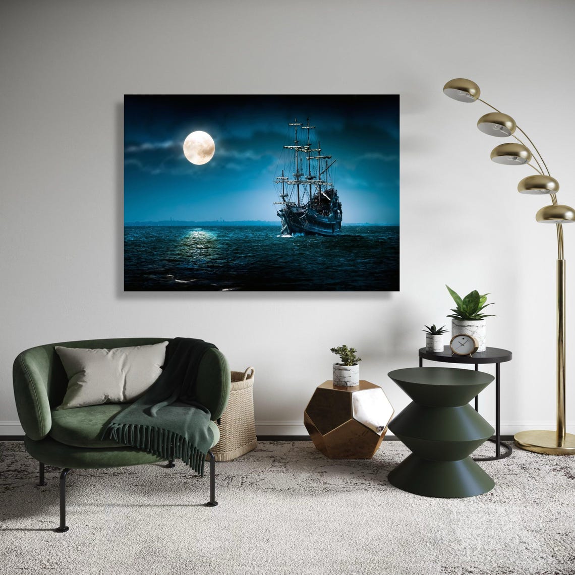 Vintage Pirate Ship Canvas Wall Art Full Moon Night Sea Nautical Decor Ocean Landscape Maritime Sailing Gift Home