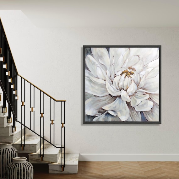 Elegant White Flower Canvas Large Floral Wall Art Soft Petal Closeup Neutral Home Decor Botanical Print Gift