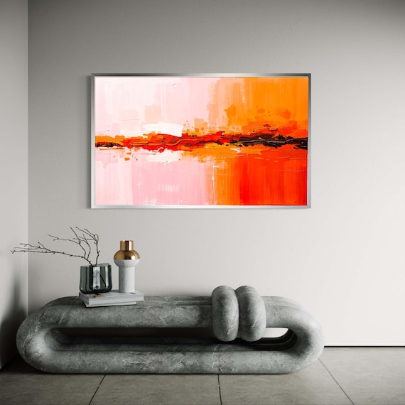 Orange Red Abstract Canvas Print Warm Colors Expressive Art Modern Horizontal Wall Decor Contemporary Energetic Painting Style