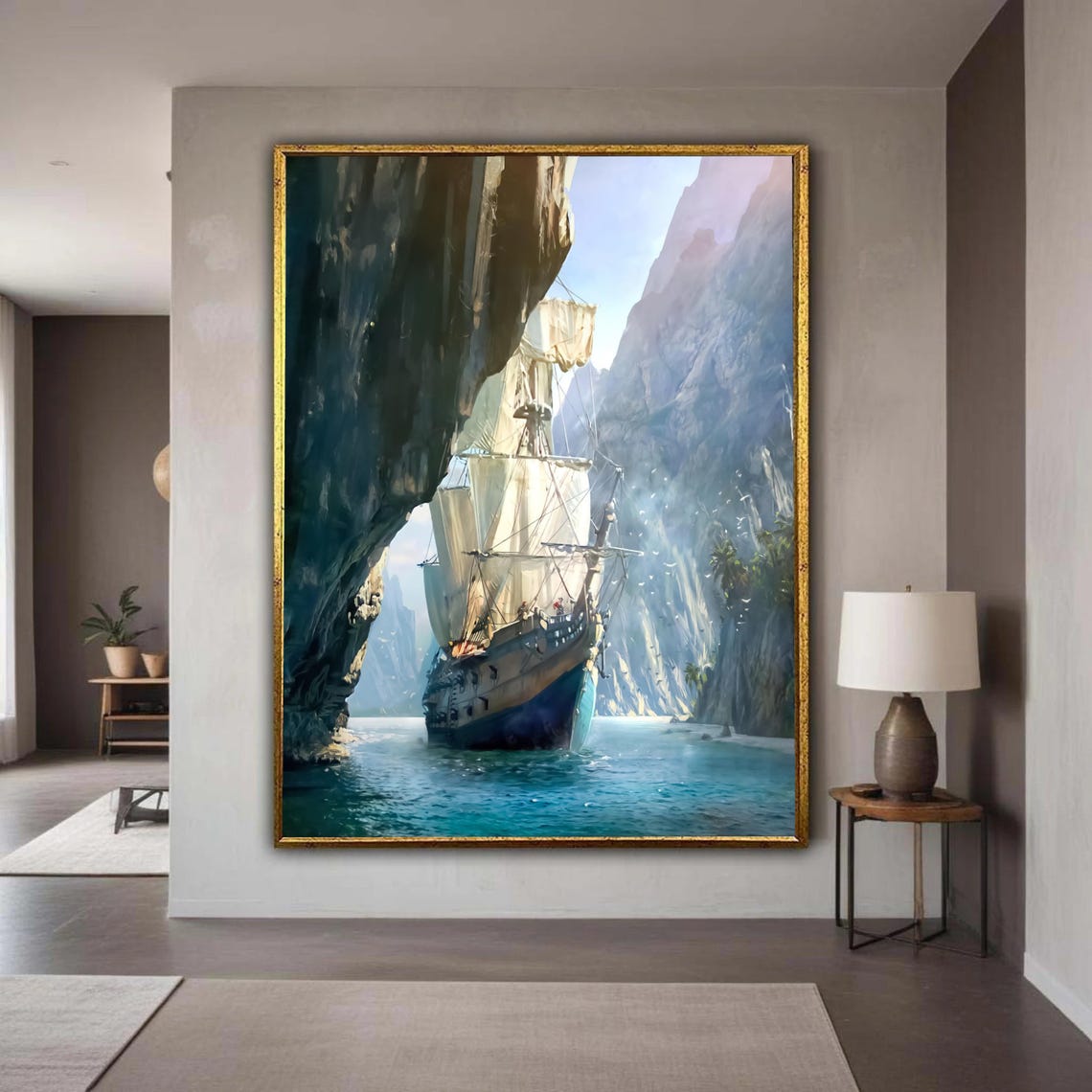 Tall Sailing Ship Rocky Coast Cliffs Voyage Nautical Painting Poster