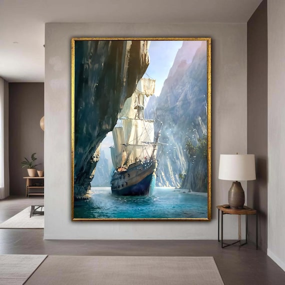 Tall Sailing Ship Rocky Coast Cliffs Voyage Nautical Painting Poster
