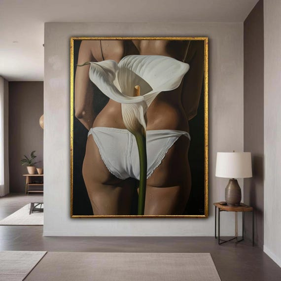 Calla Lily Woman Figurative Canvas White Flower Sensual Art Print Elegant Minimalist Feminine Wall Decor Modern Body Purity Artwork